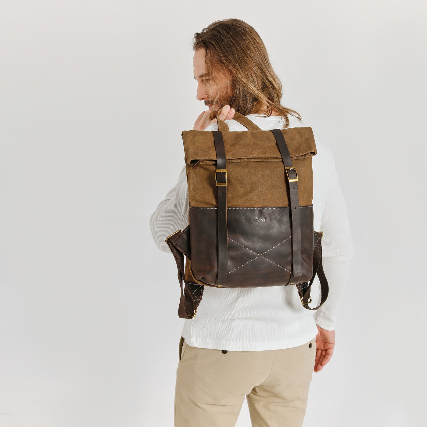 NES Sac dos en cuir v ritable et toile enduite Camel