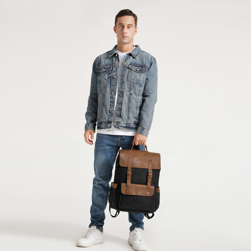 ED - Sac à dos en cuir véritable et toile enduite - Noir