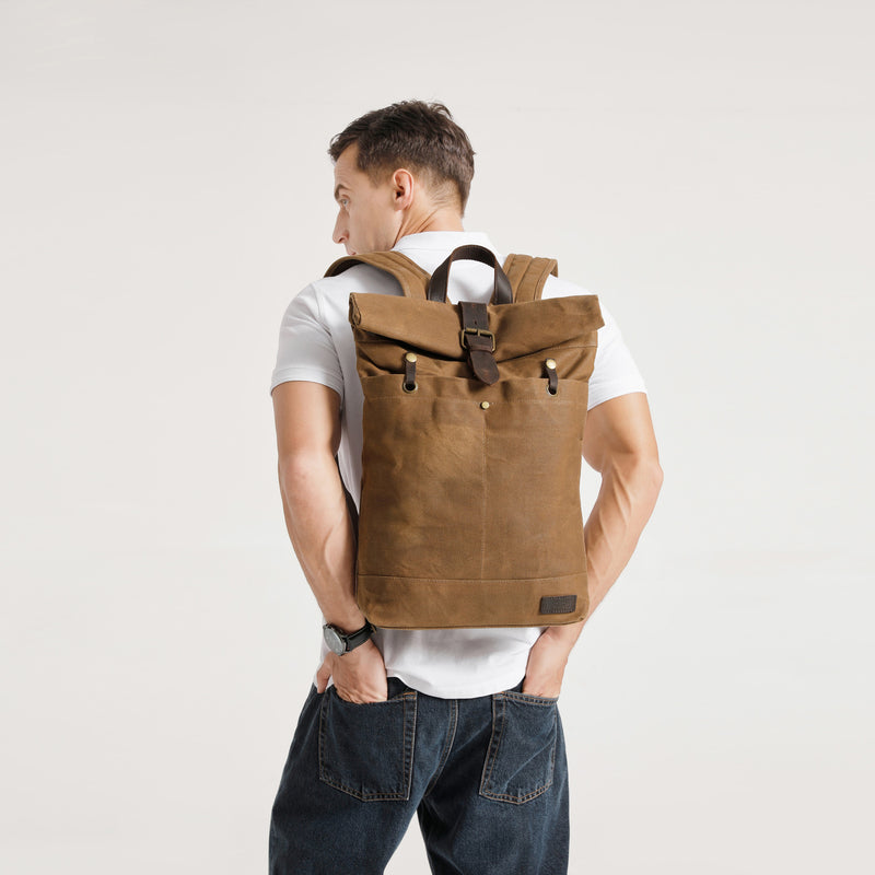 STAN - Sac à dos en cuir véritable et toile enduite - Camel