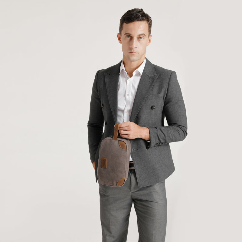 TOM - Trousse de toilette en cuir véritable et toile enduite - Gris